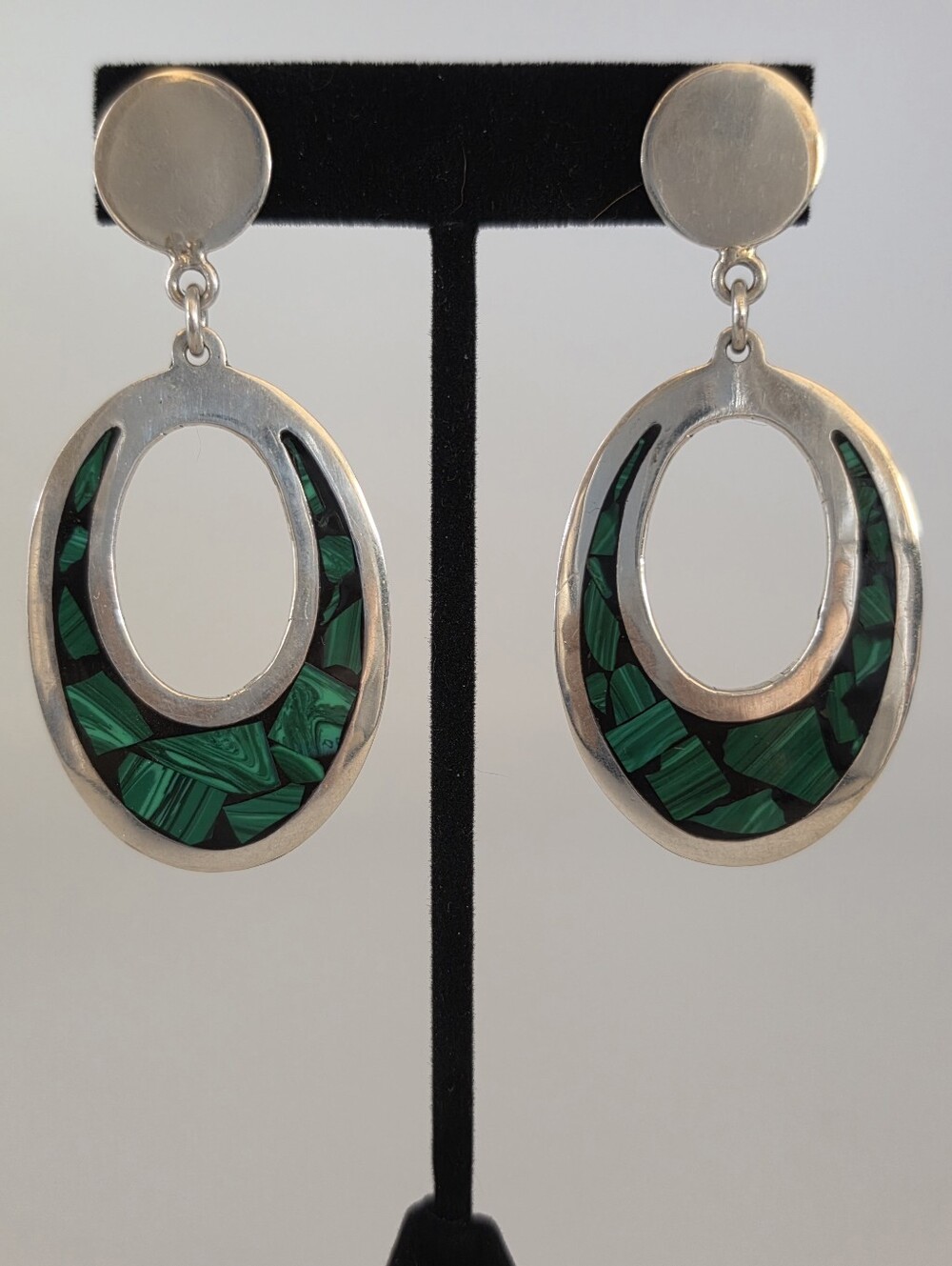 Taxco Vintage Sterling Silver and Inlay Mosaic Malachite Drop Dangle Earrings